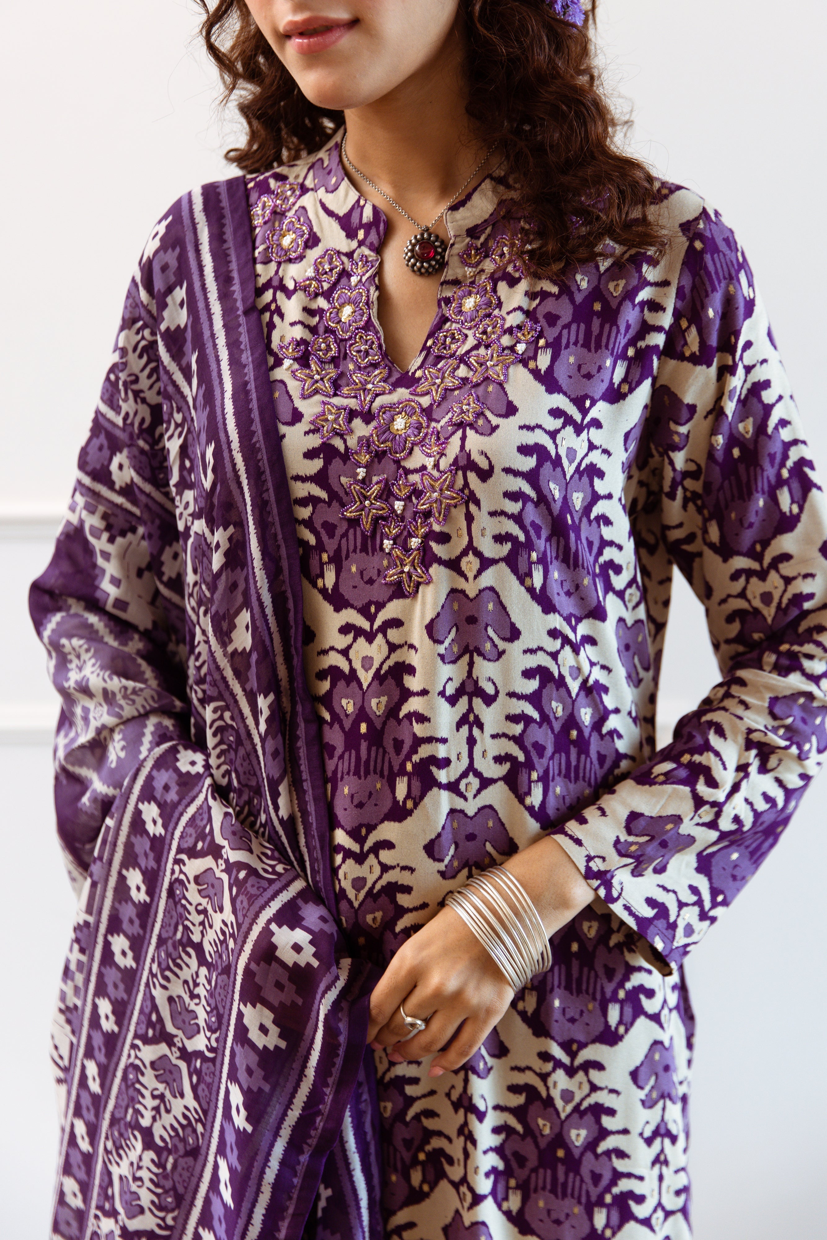 Women's Voilet:Cream German rayon Kurta Pant and Dupatta Set
