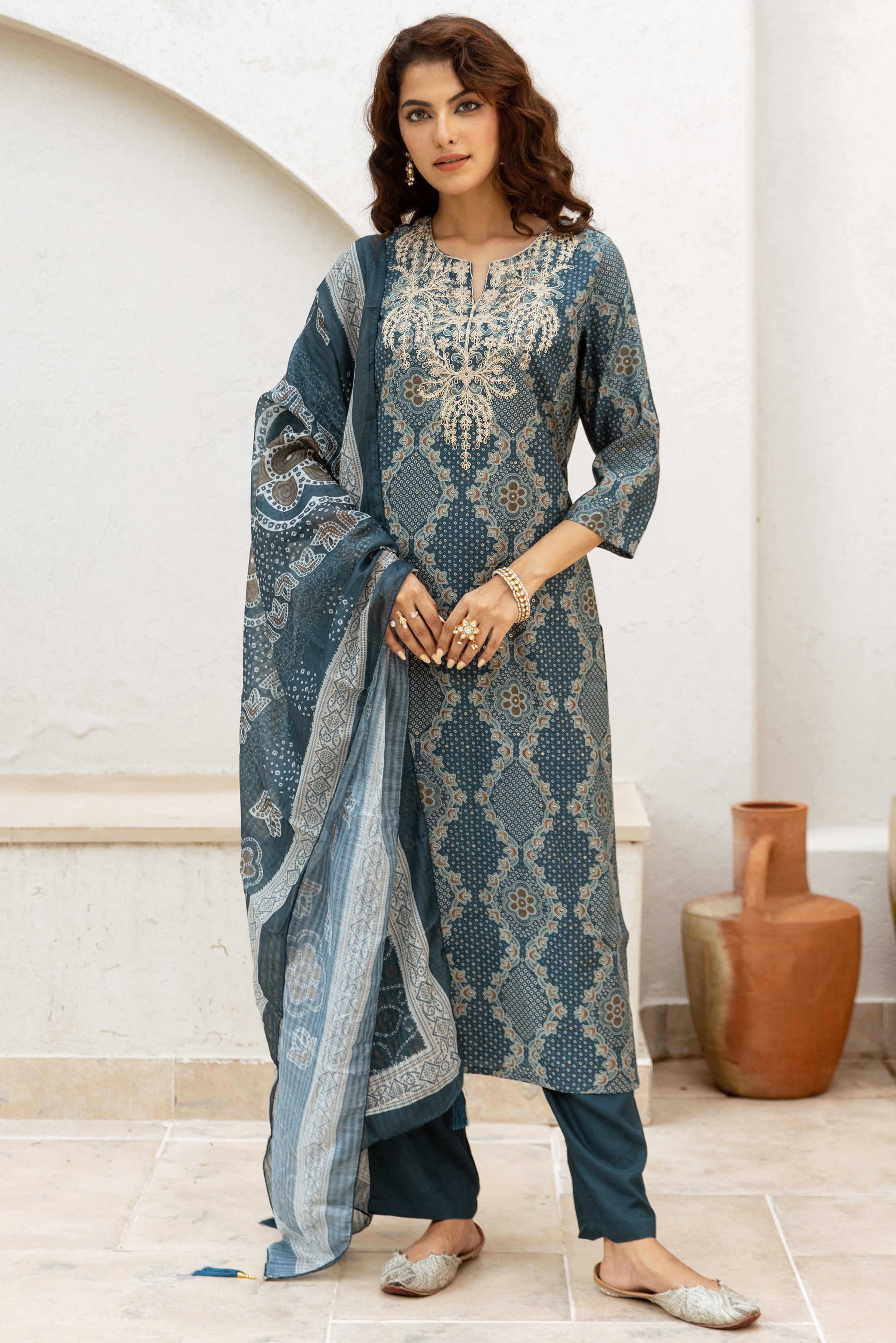 Women's Turquoise Modal Muslin Kurta Pant and Dupatta Set