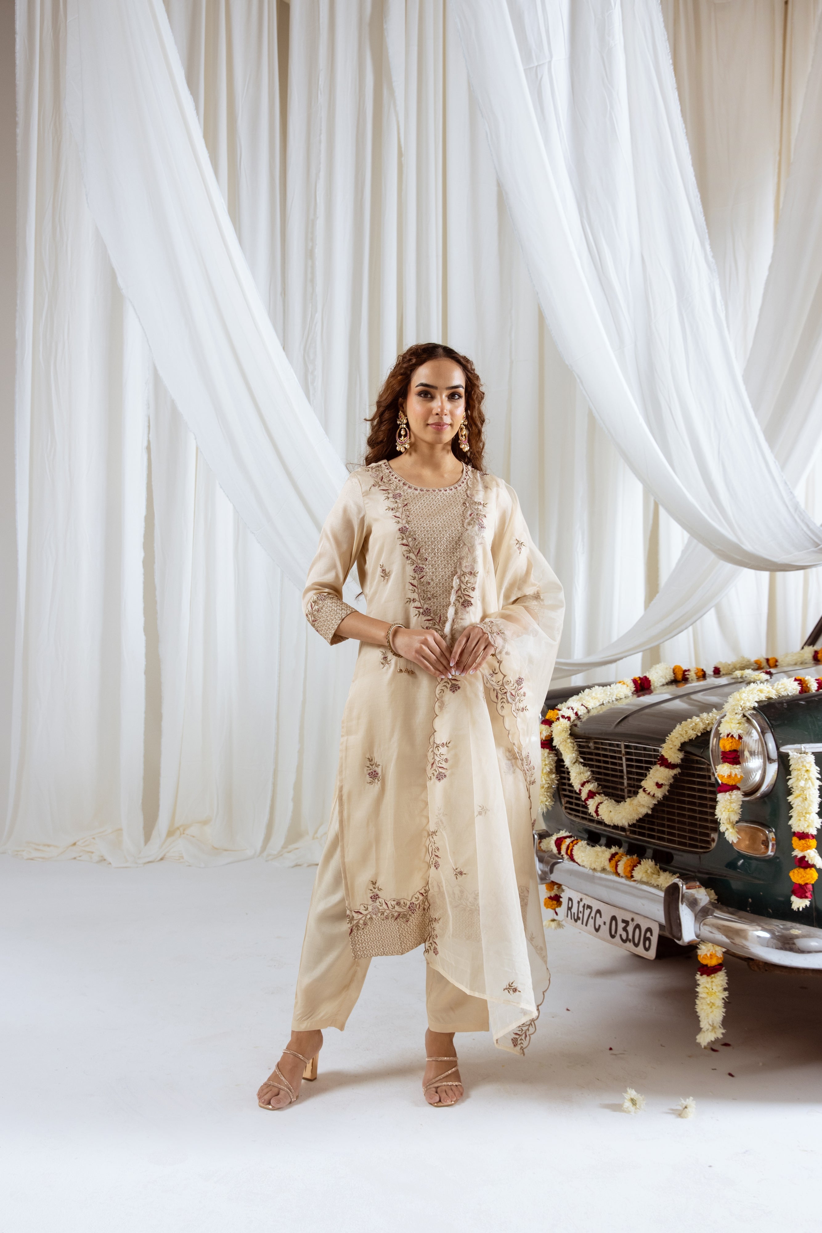 Beige Muslin Silk Kurta Pant and Dupatta Set