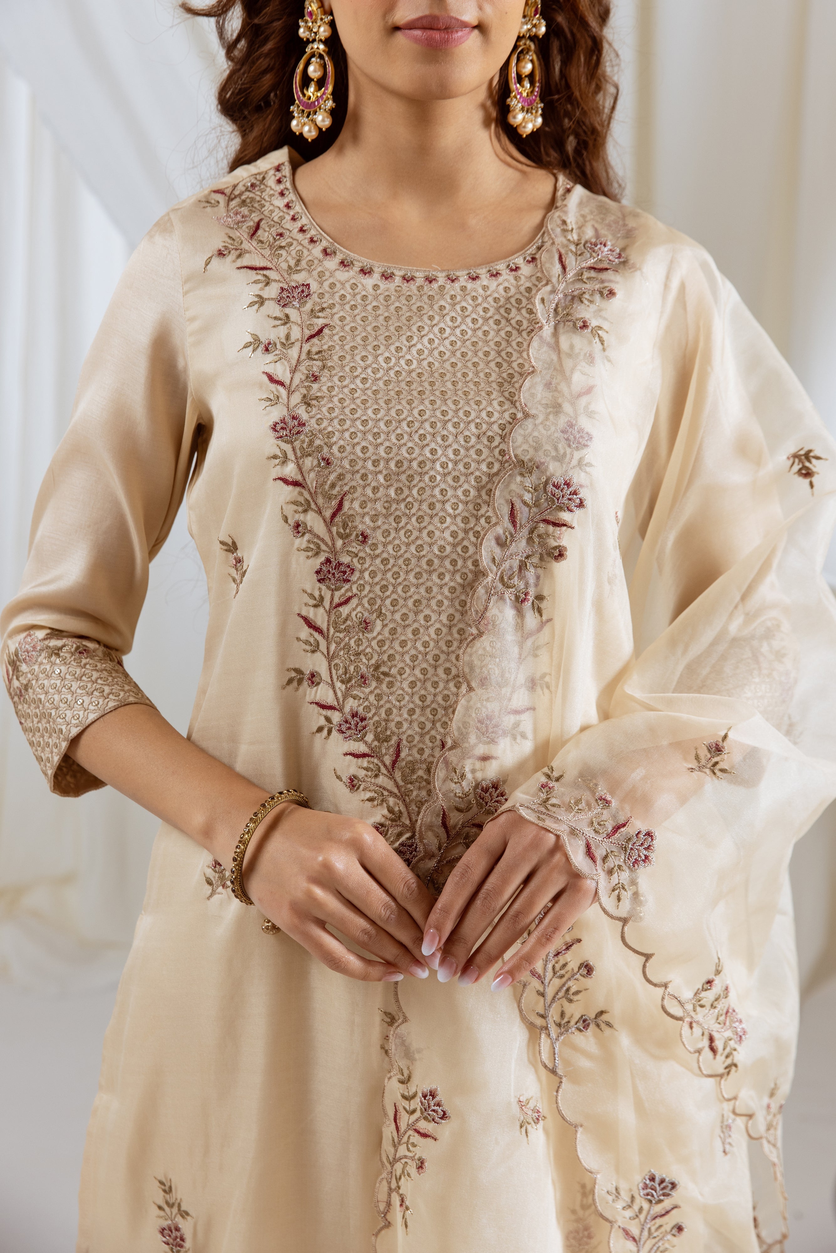 Beige Muslin Silk Kurta Pant and Dupatta Set