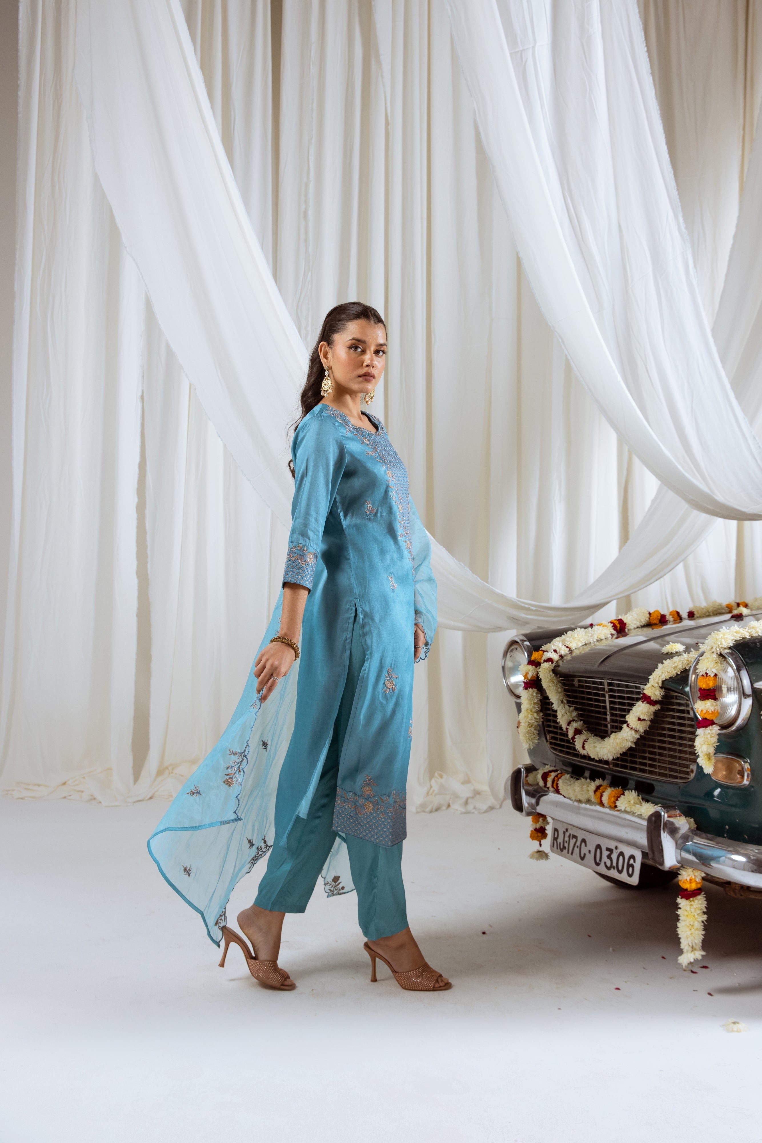 Sky Blue Muslin Silk Kurta Pant and Dupatta Set