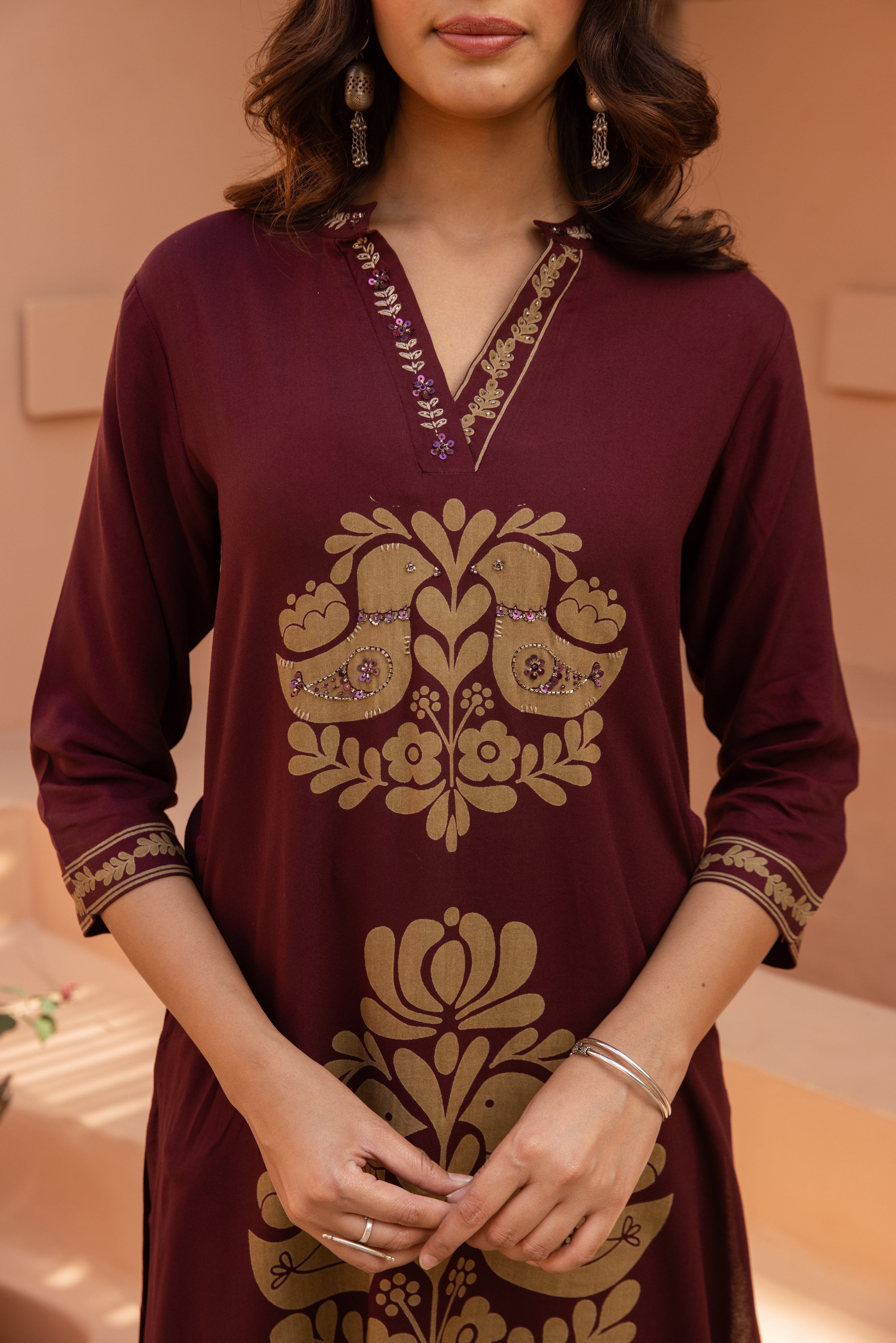 Women's Wine German Rayon Kurta and Palazzo Set
