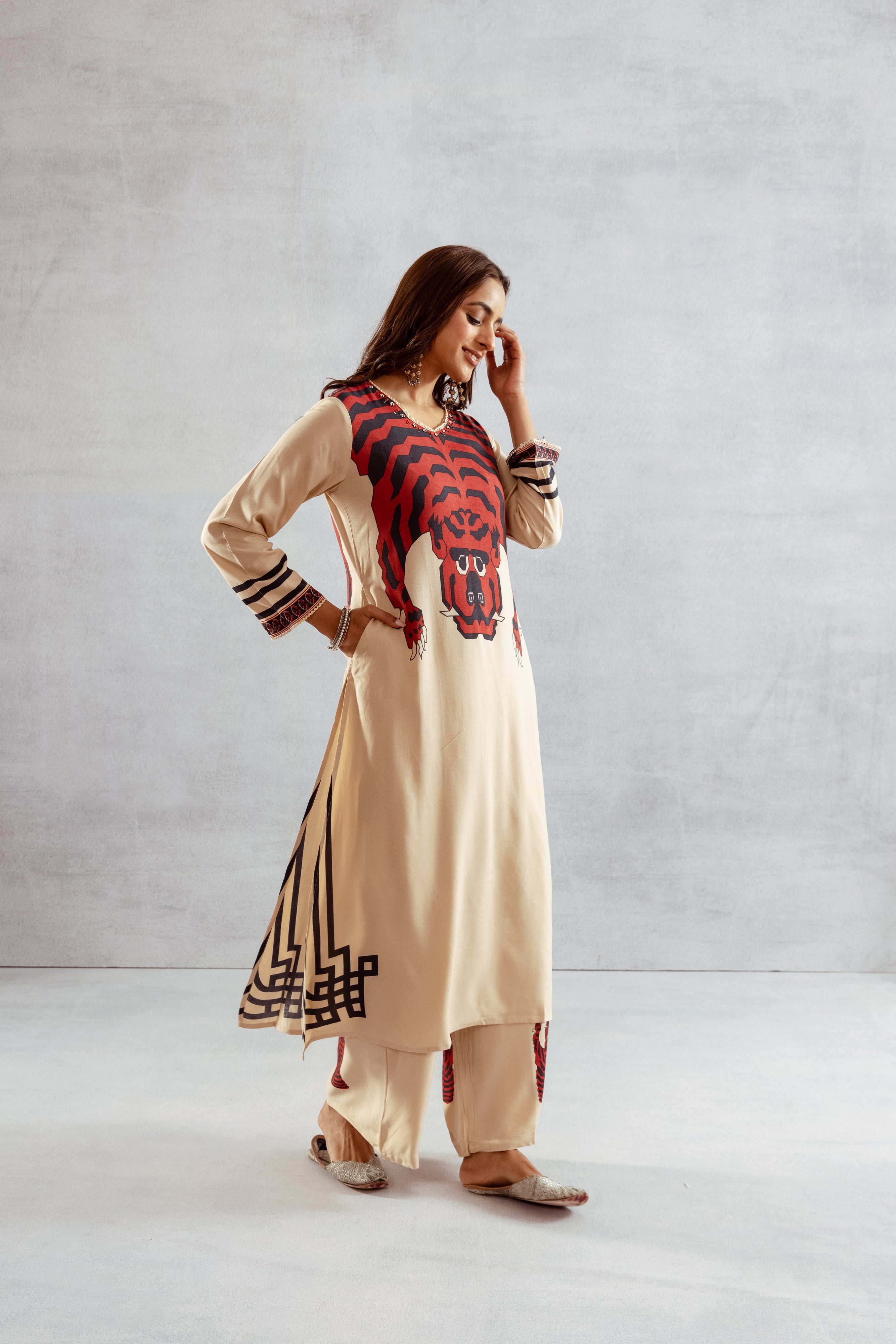 Women's Beige::Red German Rayon Kurta and Palazzo Set