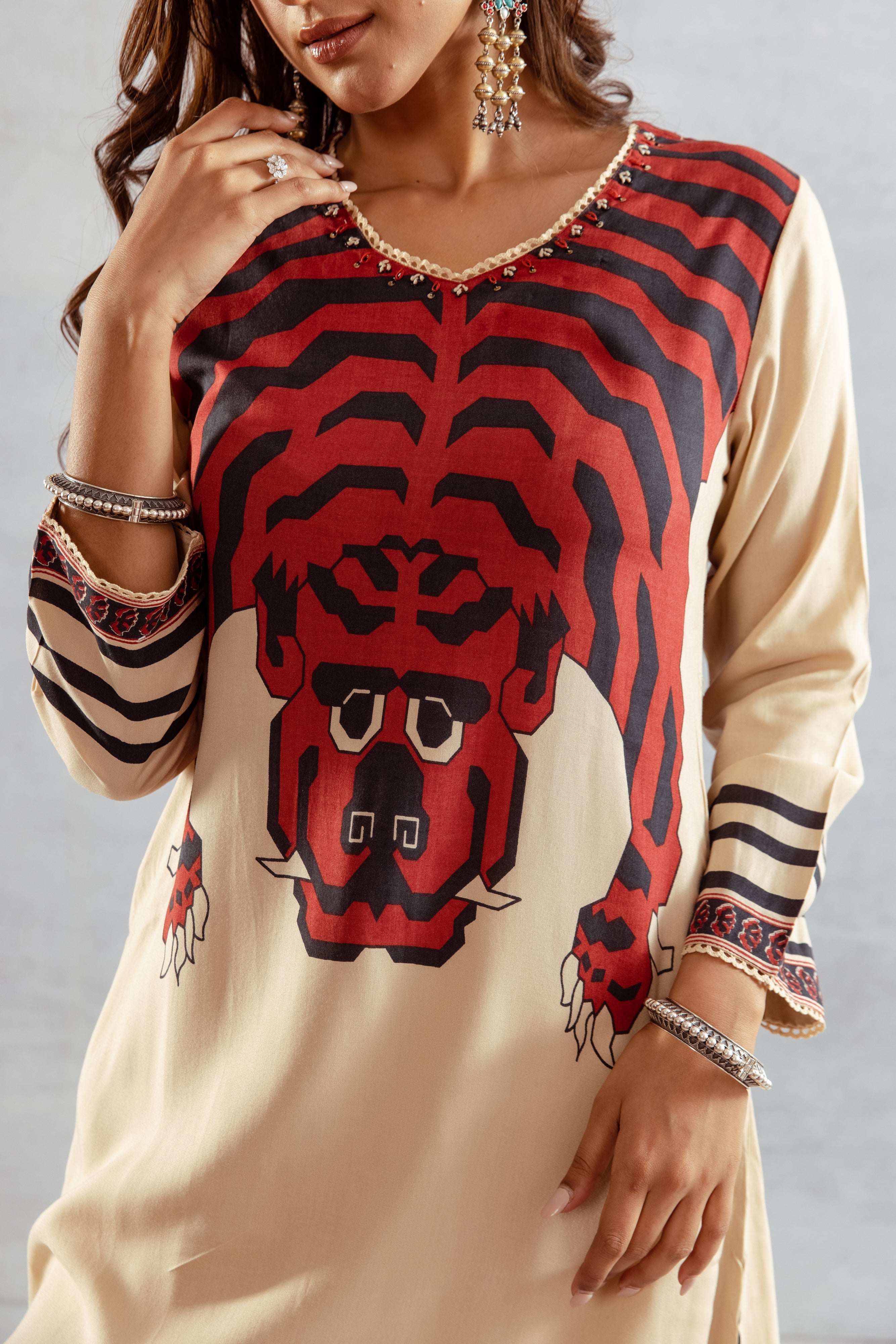 Women's Beige::Red German Rayon Kurta and Palazzo Set