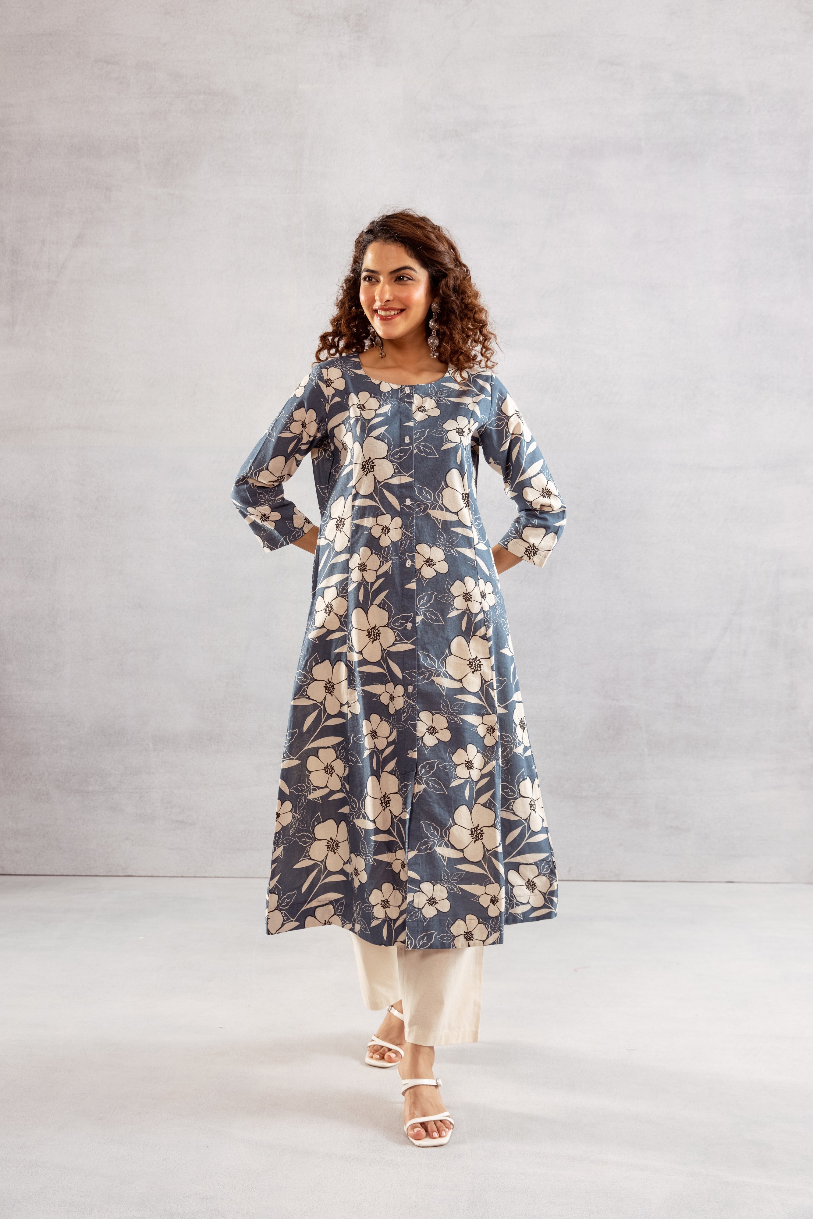 Women's Denim Blue Cotton Flex Kurta and Pant Set