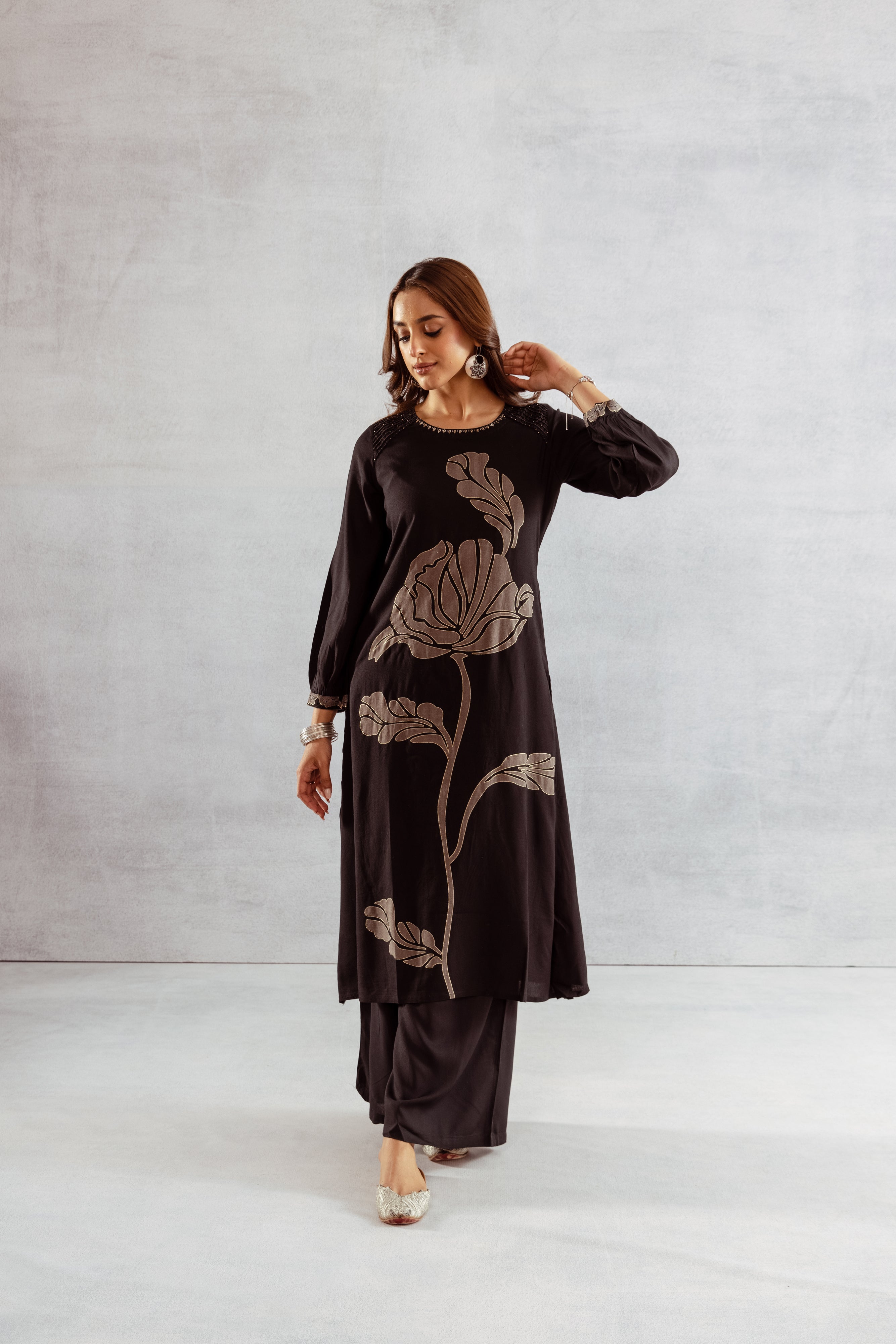 Women's Black German Rayon Kurta and Palazzo Set